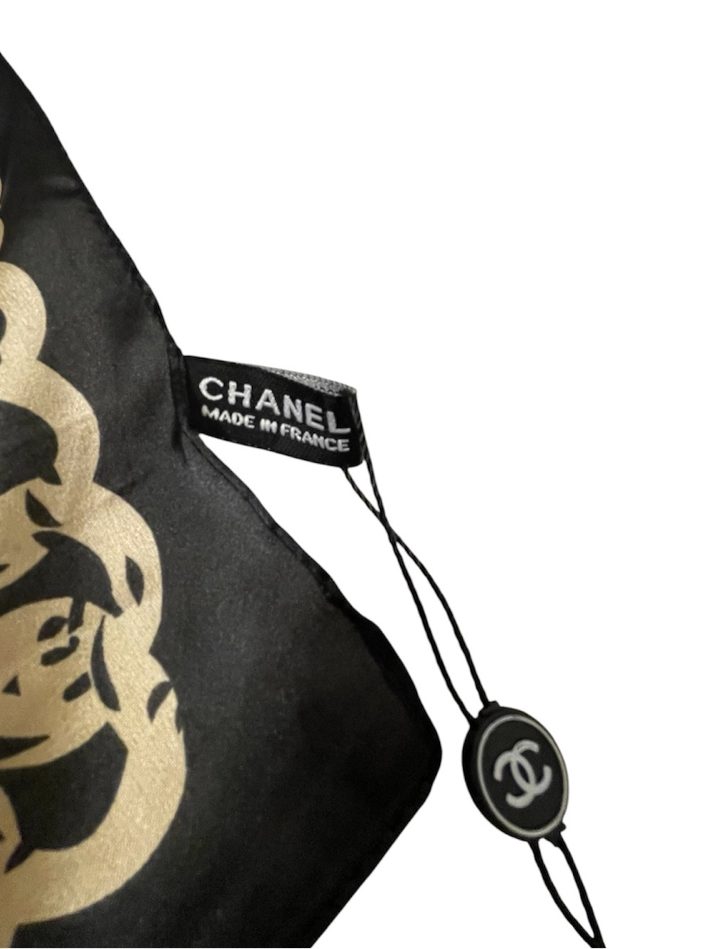 New Authentic CHANEL 100% Silk Scarf Black And Gold Logo With Tag Rare - Picture 2 of 7